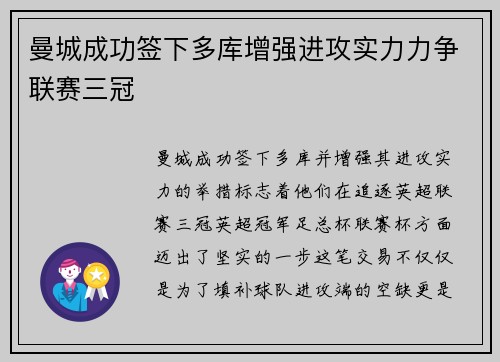 曼城成功签下多库增强进攻实力力争联赛三冠 曼城成功签下多库增强进攻实力力争联赛三冠