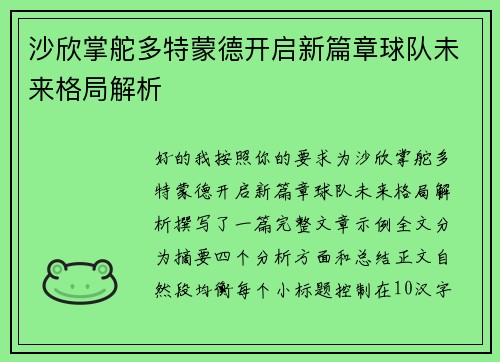 沙欣掌舵多特蒙德开启新篇章球队未来格局解析